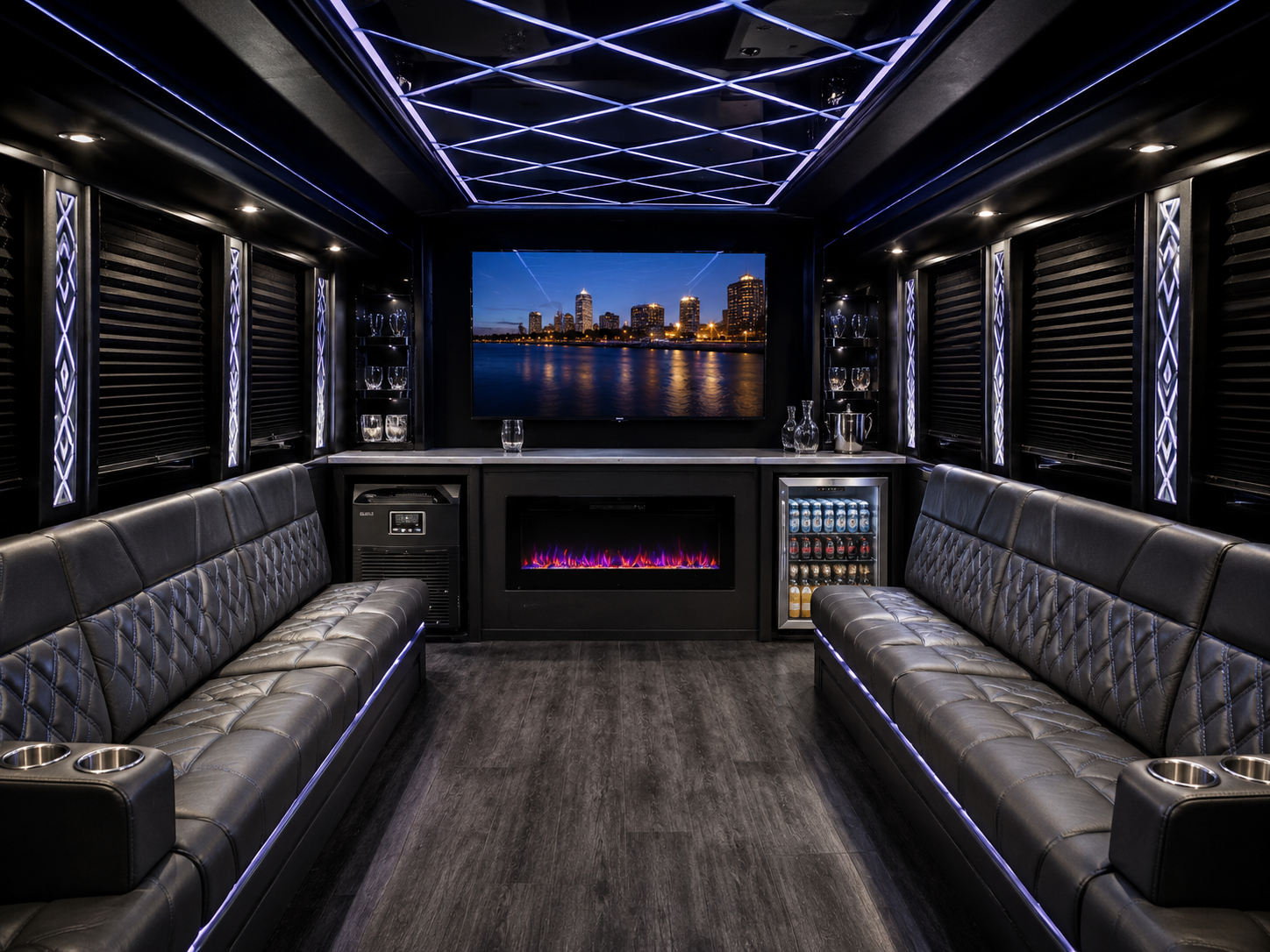 Luxury bus interior with leather seating, fireplace, bar and entertainment