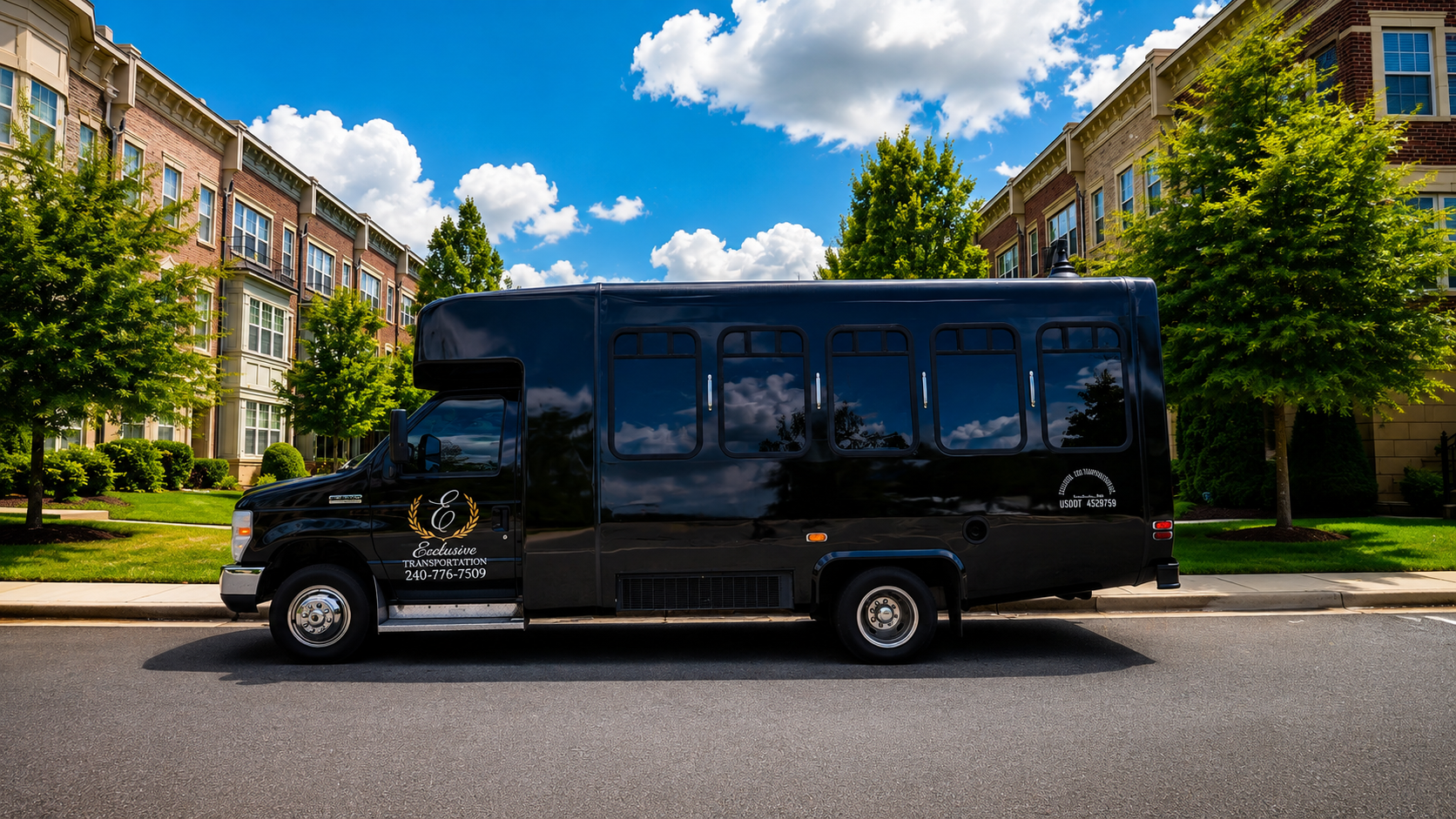 Black luxury 14-passenger Exclusive Transportation bus, side profile